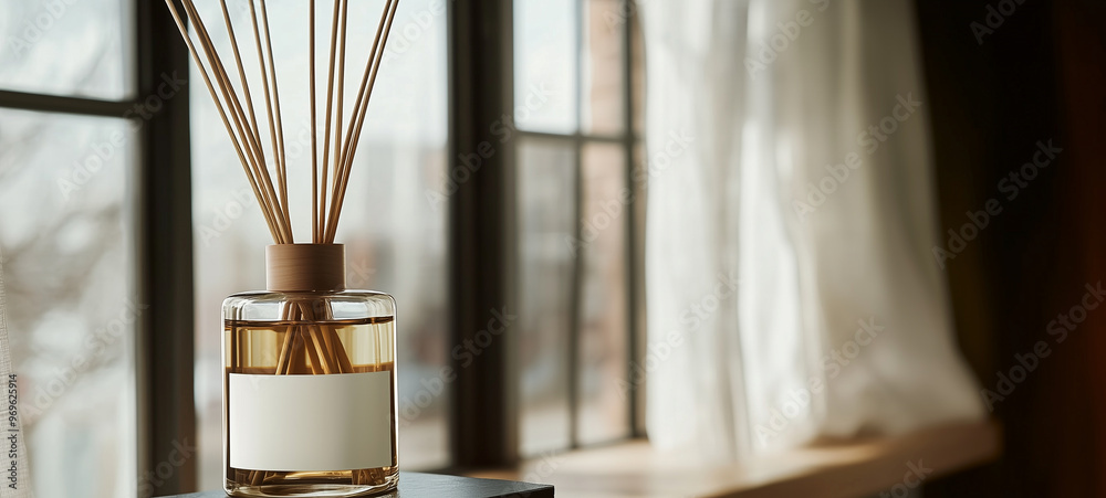 Fototapeta premium A reed diffuser bottle with a blank white label on the glass in a cozy modern home interior, near a window