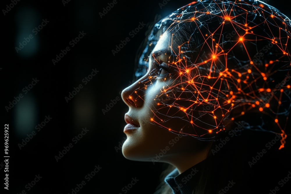 Obraz premium Neural computation neural activation brain pattern and brain mapping woman with glowing neural sparks symbolizing introspection and emotional reflection