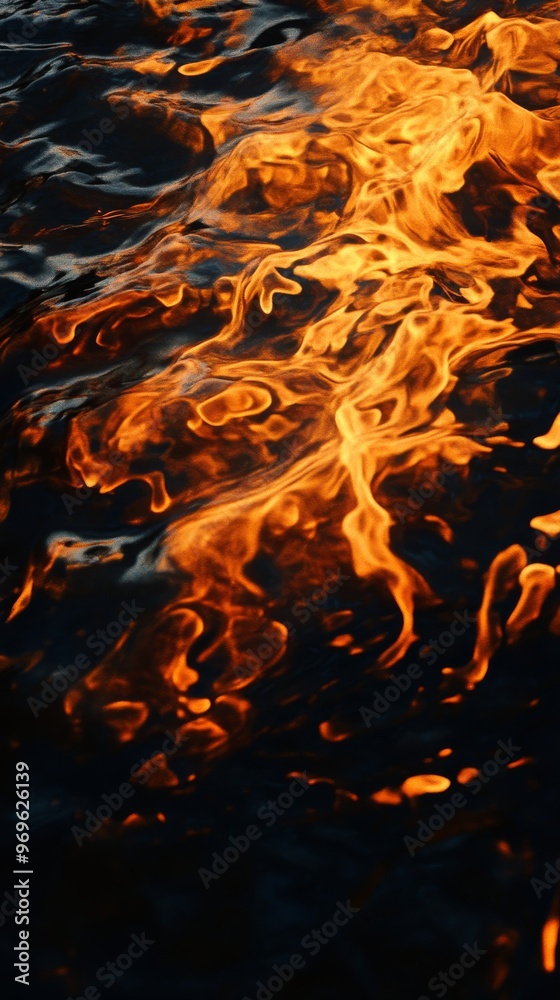 Flames reflecting on dark water, abstract glimmer. Fire and water contrast concept Flames reflecting on dark water, abstract glimmer. Fire and water contrast concept