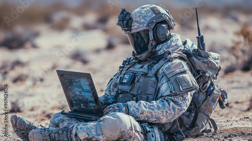 A soldier in full combat gear sits on the ground using a laptop.