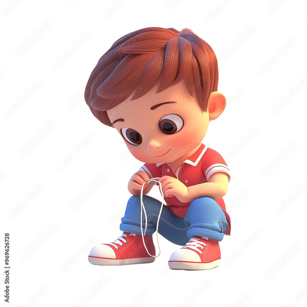 A cheerful boy kneels while wrapping shoelaces, showcasing curiosity and playfulness in an animated style. A cheerful boy kneels while wrapping shoelaces, showcasing curiosity and playfulness in an animated style.