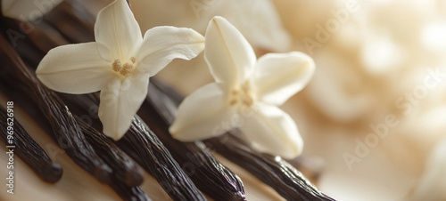 Close-up of vanilla flowers and vines on the background of vanilla sticks photo