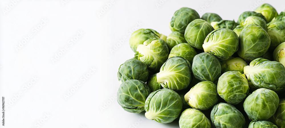 Fototapeta premium Pile of fresh Brussels sprouts on a white background