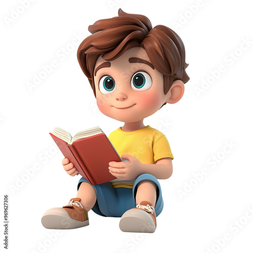 A cheerful cartoon boy sitting and reading a book, showcasing a love for stories and adventure.