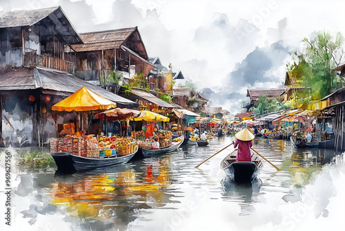 Wallpaper Mural Watercolor paintings of Thai merchants Rowing a boat to sell products at the floating market Torontodigital.ca