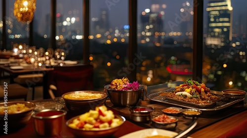 Vibrant Indian food served at a high-end restaurant, with a stunning view of the city skyline, showcasing a mix of traditional