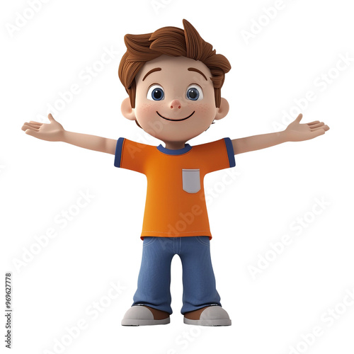 A cheerful cartoon boy with open arms, wearing an orange shirt and blue jeans, perfect for children's themes and illustrations.