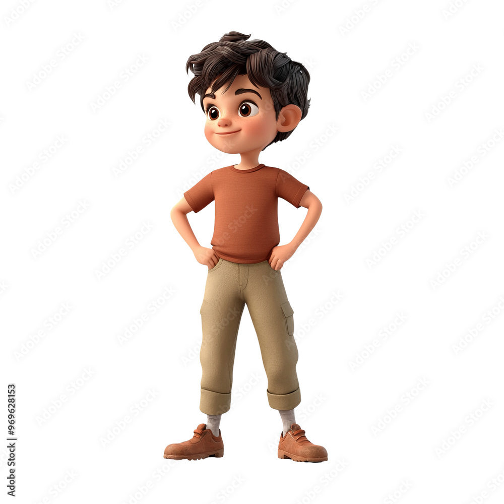 A cheerful young boy character with curly hair, standing confidently in casual clothing, suitable for children's content. A cheerful young boy character with curly hair, standing confidently in casual clothing, suitable for children's content.