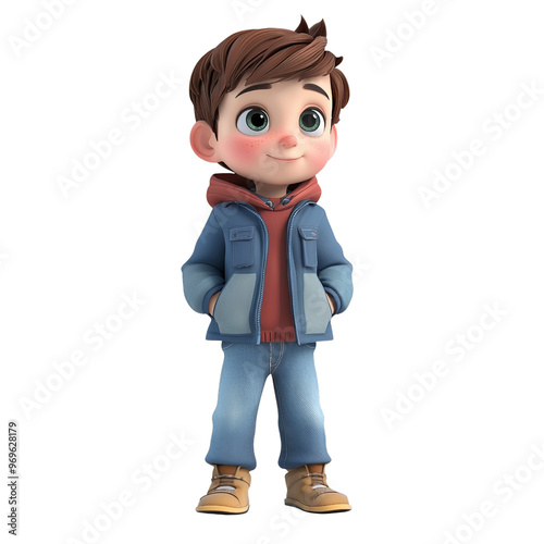 A cheerful young boy character wearing a jacket and jeans, embodying warmth and playfulness.