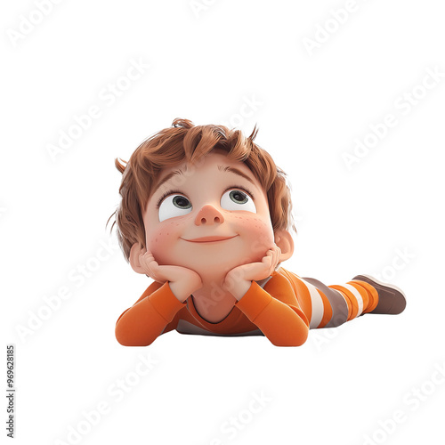 A cheerful young boy in orange pajamas, smiling and lost in thought, embodying innocence and curiosity.