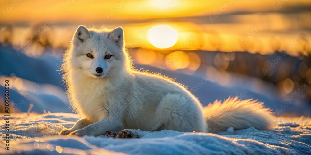 Fototapeta premium Arctic fox gracefully basking in the warm rays of the setting sun , Arctic, fox, sunset, wildlife, nature, animal, beautiful, majestic