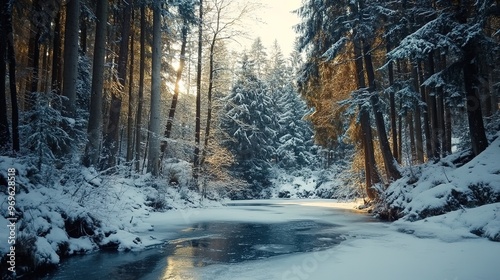 A snow-covered forest with tall pine trees and a frozen stream
