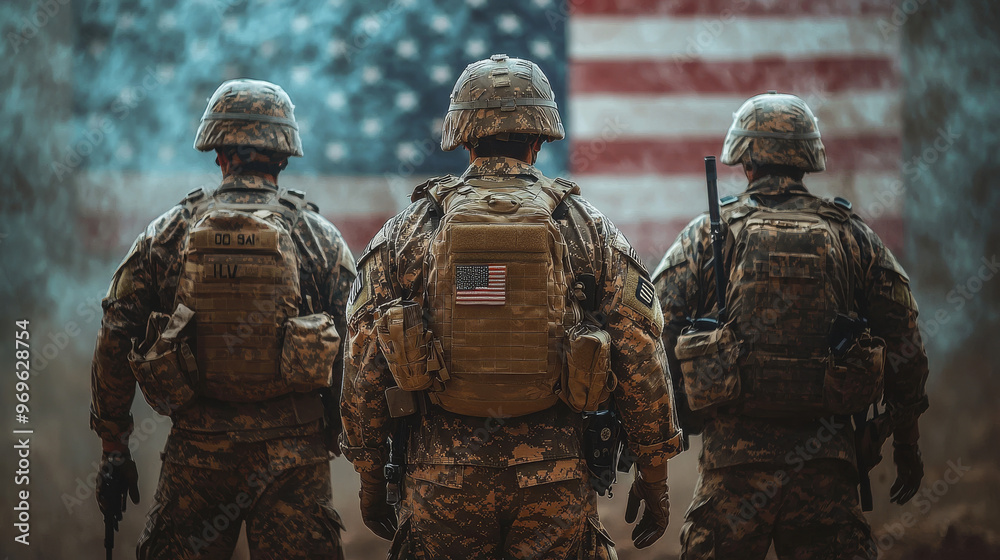 Three soldiers stand in formation, facing an American flag.