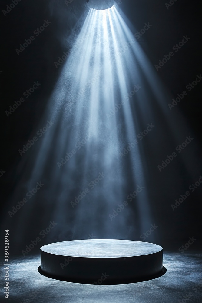Podium with downlight that highlights the product from below, creating a dramatic silhouette effect. generative ai Podium with downlight that highlights the product from below, creating a dramatic silhouette effect. generative ai