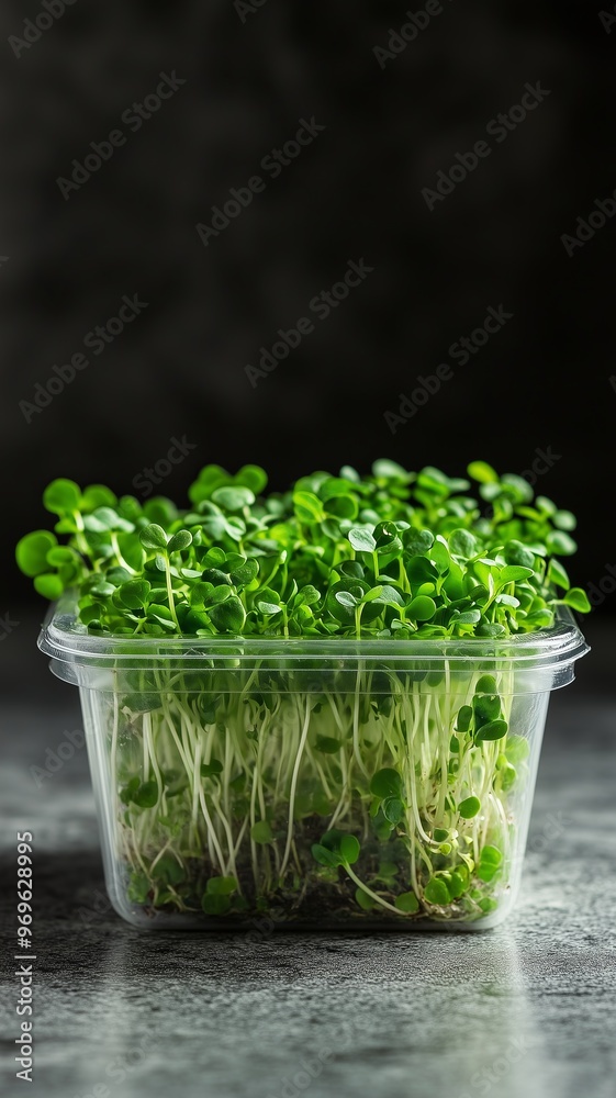 Microgreens in a transparent container, representing the concept of vegan and vegetarian healthy eating, raw food diet, and growing nutritious produce at home. Solid color background. Microgreens in a transparent container, representing the concept of vegan and vegetarian healthy eating, raw food diet, and growing nutritious produce at home. Solid color background.