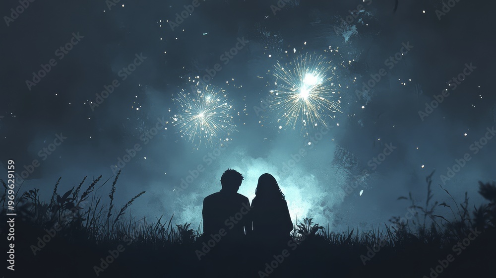 A couple sits close enchanted by vibrant fireworks lighting up the night A couple sits close enchanted by vibrant fireworks lighting up the night