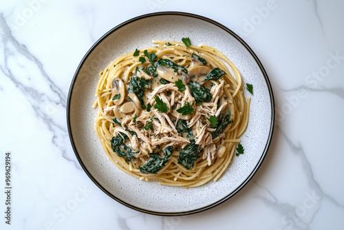 Turkey Tetrazzini with turkey, spinach, white mushrooms and parsley in a creamy sauce over spaghetti noodles dish on table top view photo