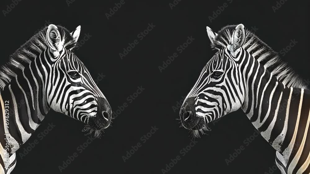 Two zebras facing each other against a dark background in a striking monochrome composition Two zebras facing each other against a dark background in a striking monochrome composition