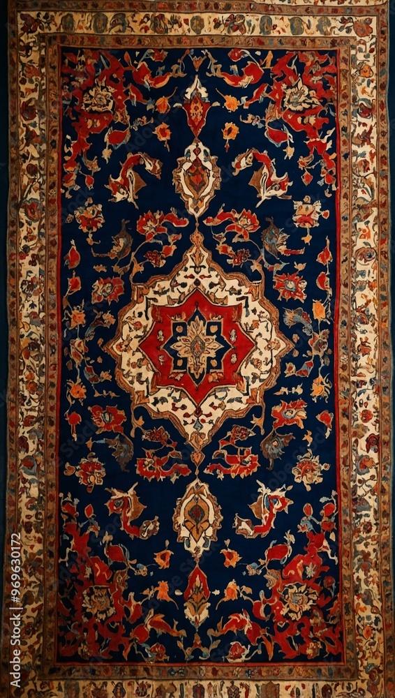 Handwoven Iranian carpet with intricate patterns, rich in cultural history. Handwoven Iranian carpet with intricate patterns, rich in cultural history.