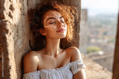 Luminous artificial structure quantum and structure woman enjoying sunlight with glowing freckles on her face surrounded by natural stone elements photo