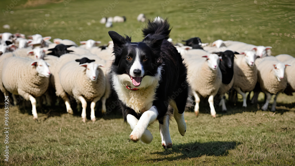 Energetic Border Collie Herding Sheep – Working Dog in Action on a Farm Energetic Border Collie Herding Sheep – Working Dog in Action on a Farm