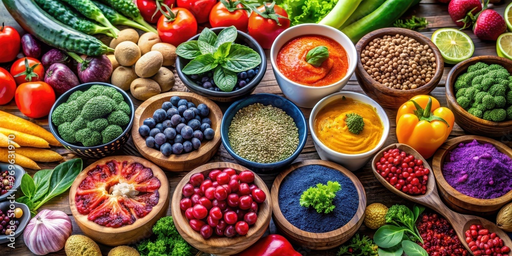 A close-up of a colorful array of healthy superfoods and vegetables on a table, healthy, superfood, selection, vegetarian A close-up of a colorful array of healthy superfoods and vegetables on a table, healthy, superfood, selection, vegetarian