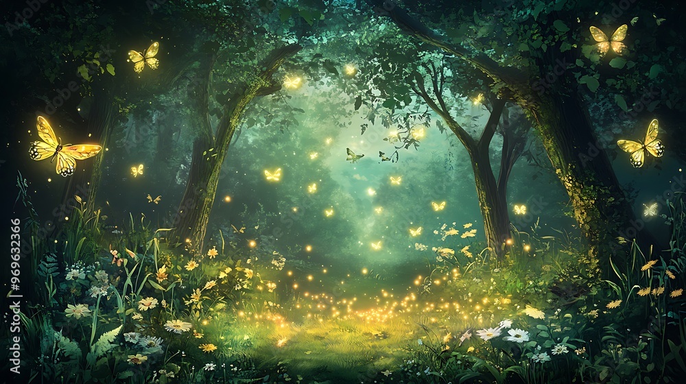 Fototapeta premium Enchanting Forest Path with Glowing Butterflies and Fireflies.