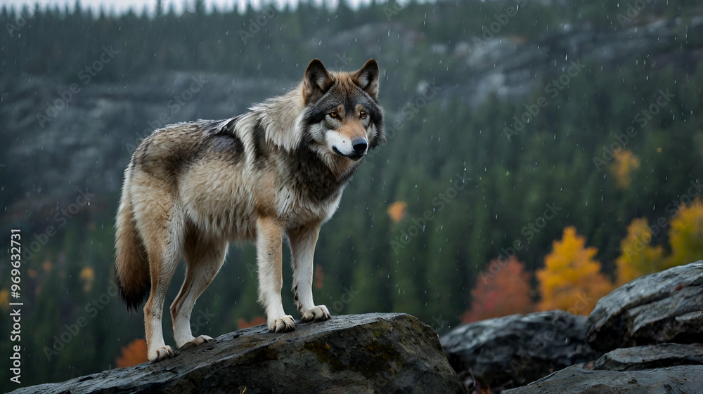 Obraz premium A lone Timber wolf or Grey Wolf Canis lupus Howling Gray Wolf standup bid stone forest background, 