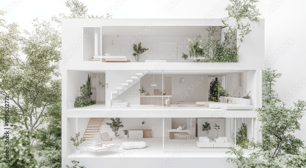 Modern House Interior With Green Foliage. Modern House Interior With Green Foliage.