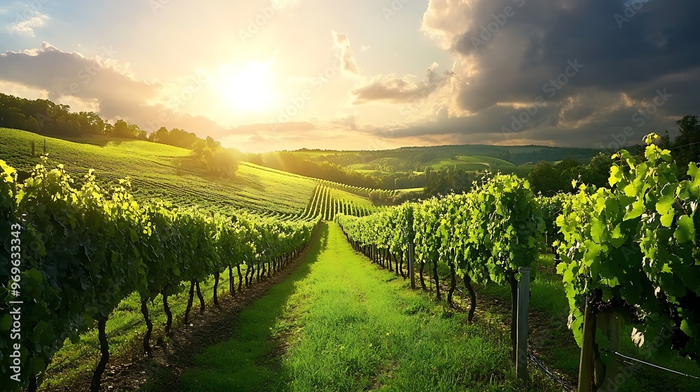 Fototapeta premium Sunlit Vineyard Rows at Sunset.