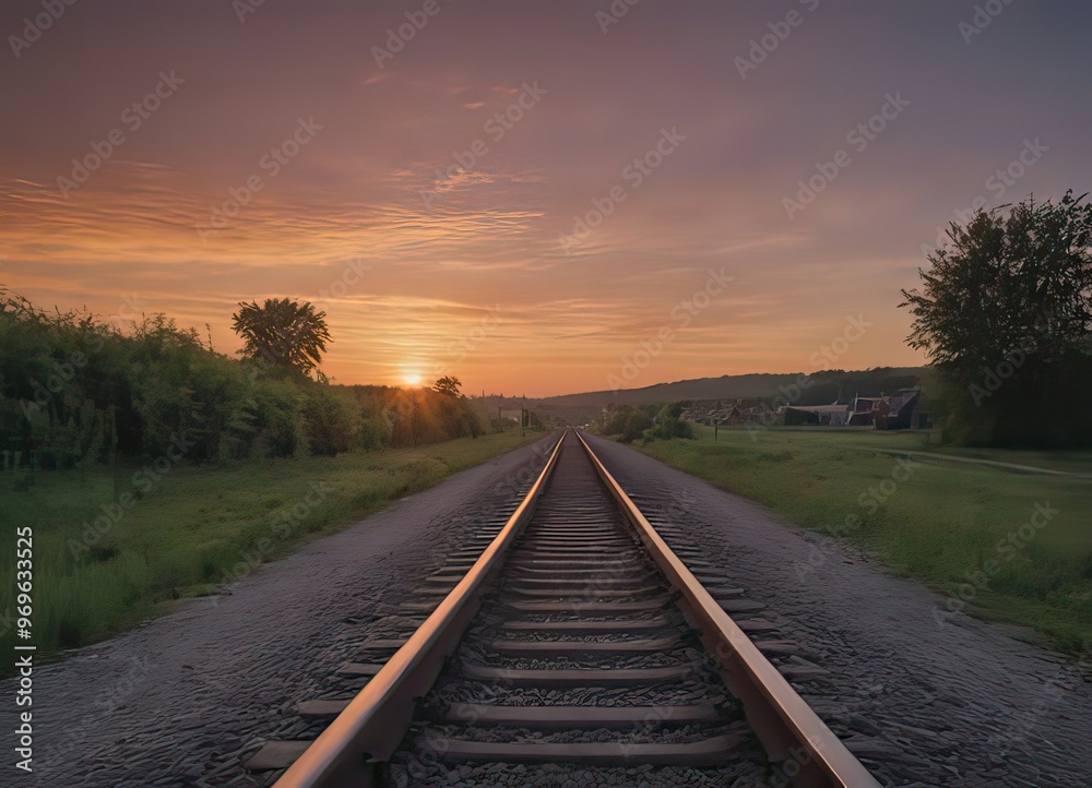 A beautiful train is traveling down its train tracks as the sun sets A beautiful train is traveling down its train tracks as the sun sets