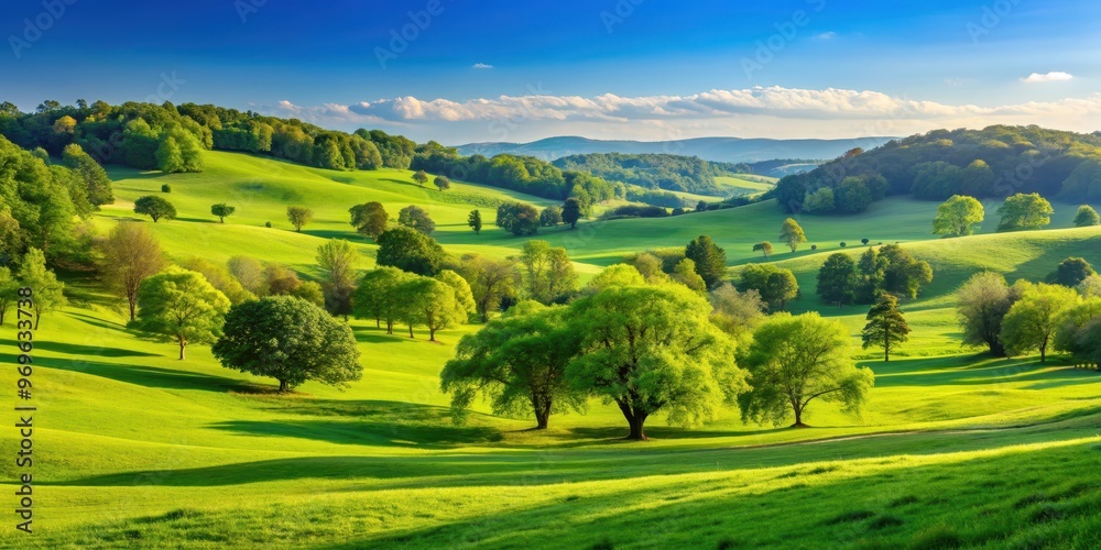 Fototapeta premium Peaceful park country landscape with rolling hills, lush green trees, and a clear blue sky , park, country, landscape