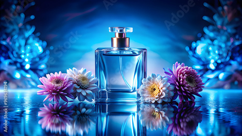 Minimal perfume bottle and flowers all over the set, top light on top of a backaround with water, saturation color scheme, bright light glass refraction, motled shading, studo lighfing, contrast high  photo