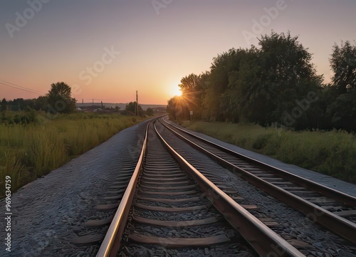 A beautiful train is traveling down its train tracks as the sun sets