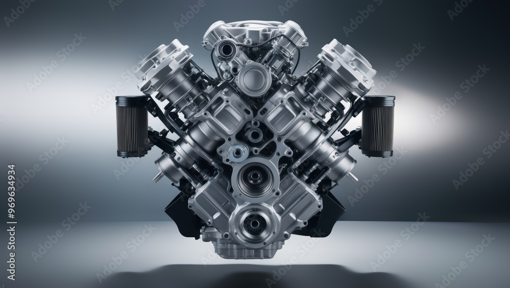 3D Rendering of a V8 Engine on Metallic Background