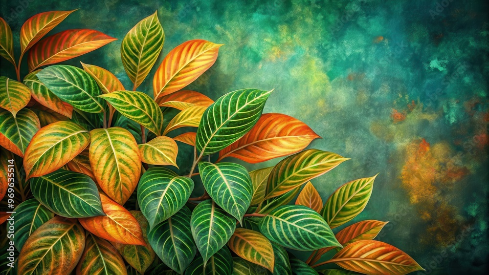 Naklejka premium Vibrant green and orange leaves in painterly style, perfect for botanical art and interior decor with an art nouveau touch