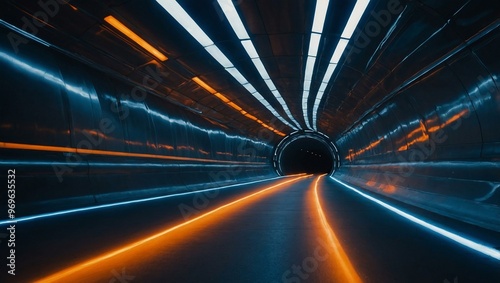 Long-exposure shot of a futuristic tunnel with blue and orange lights.