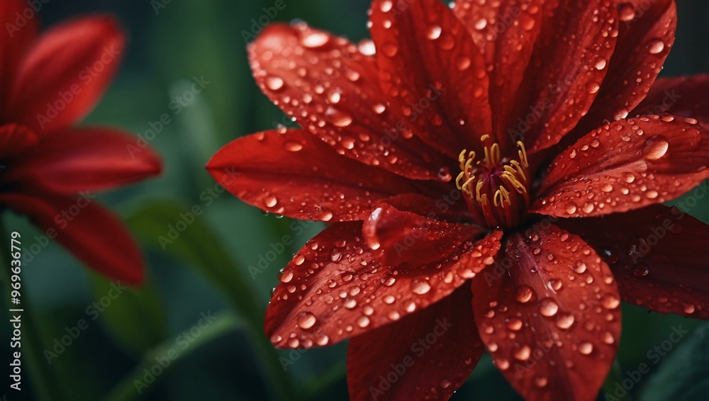 Macro photography of a red flower with droplets on its petals.