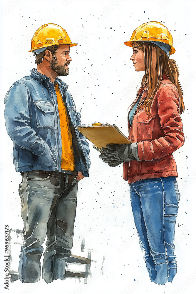Watercolor painting of male and female engineers inspecting the construction site. Watercolor painting of male and female engineers inspecting the construction site.