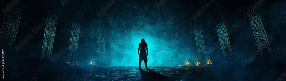 Obraz premium A mysterious figure stands silhouetted against a glowing backdrop, surrounded by ancient structures, evoking intrigue and wonder.