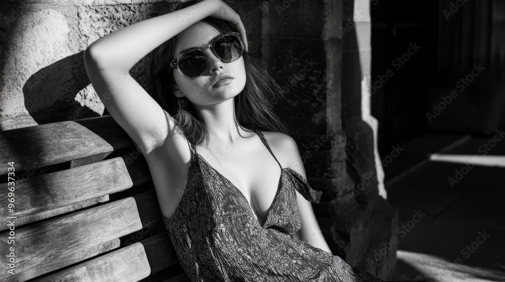 Fototapeta premium Chic woman in sunglasses relaxing on bench in black and white urban setting