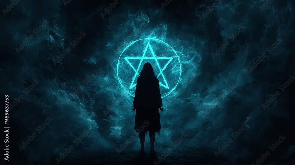 Fototapeta premium A mystical figure silhouetted against a glowing pentagram, enveloped in ethereal clouds, evoking an aura of mystery and magic.