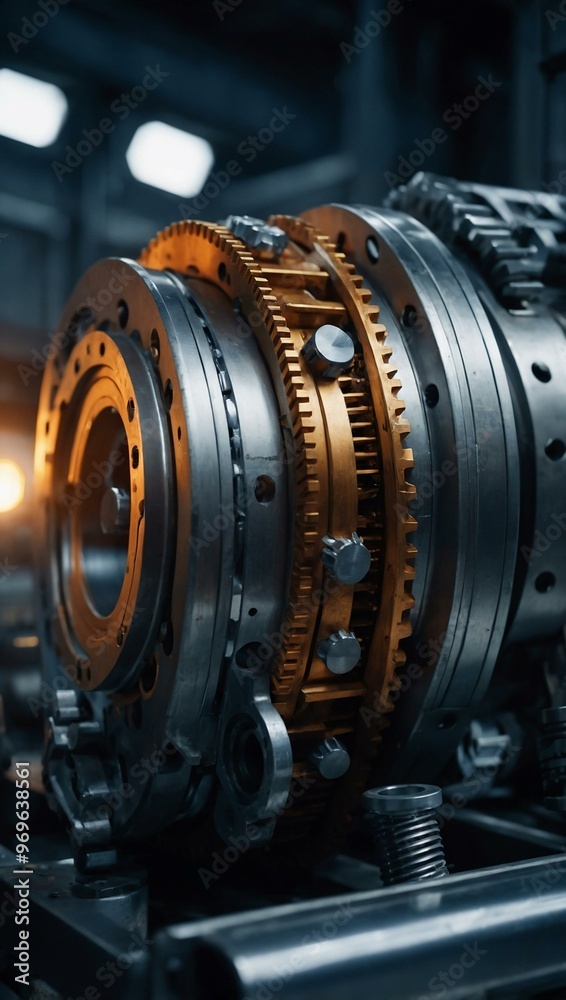 Metallic gear in a glowing industrial setting, representing innovation. Metallic gear in a glowing industrial setting, representing innovation.