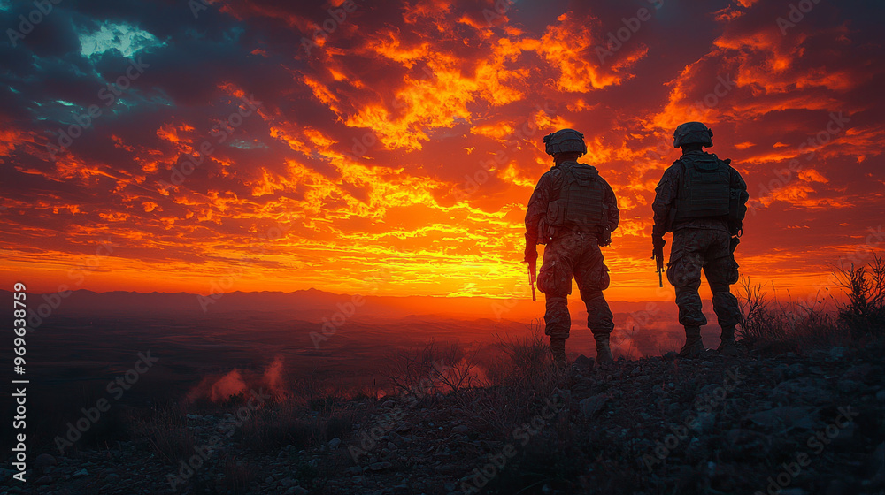 Fototapeta premium Two soldiers stand silhouetted against a fiery sunset.