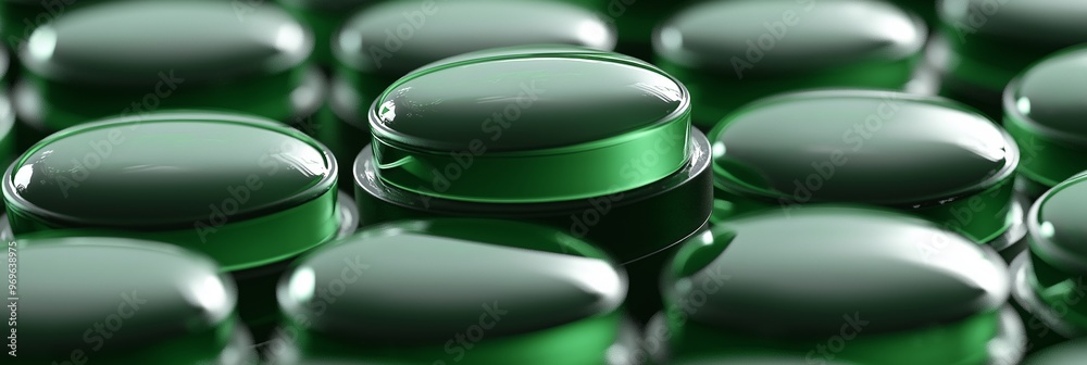 A close view of shiny green capsules aligned in an organized manner, reflecting light beautifully.