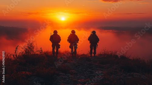 Three soldiers stand silhouetted against a vibrant sunset, a sense of duty and purpose radiating from their stance.