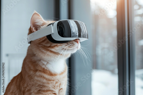 Orange tabby cat wearing a sleek virtual reality headset in a sunlit modern room photo