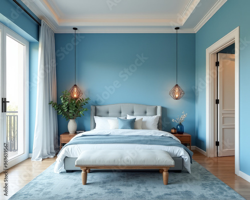 designer interior of a modern bedroom in blue tones
