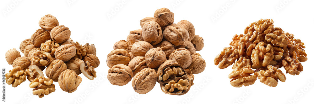 set of a heap of organic walnuts in their shells on a transparent background