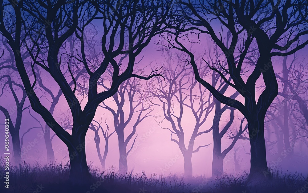 A mystical forest scene featuring silhouetted trees against a dreamy purple mist, creating an enchanting and ethereal atmosphere. A mystical forest scene featuring silhouetted trees against a dreamy purple mist, creating an enchanting and ethereal atmosphere.
